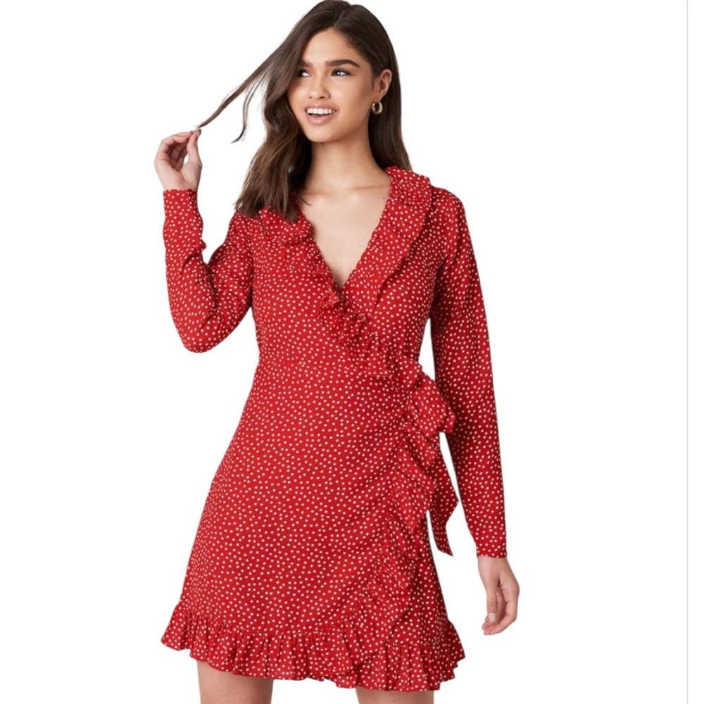ALL SAINTS Red Hearts Flores Mini Wrap Dress Ruffles Coquette Girl Bloggers‎ Fav